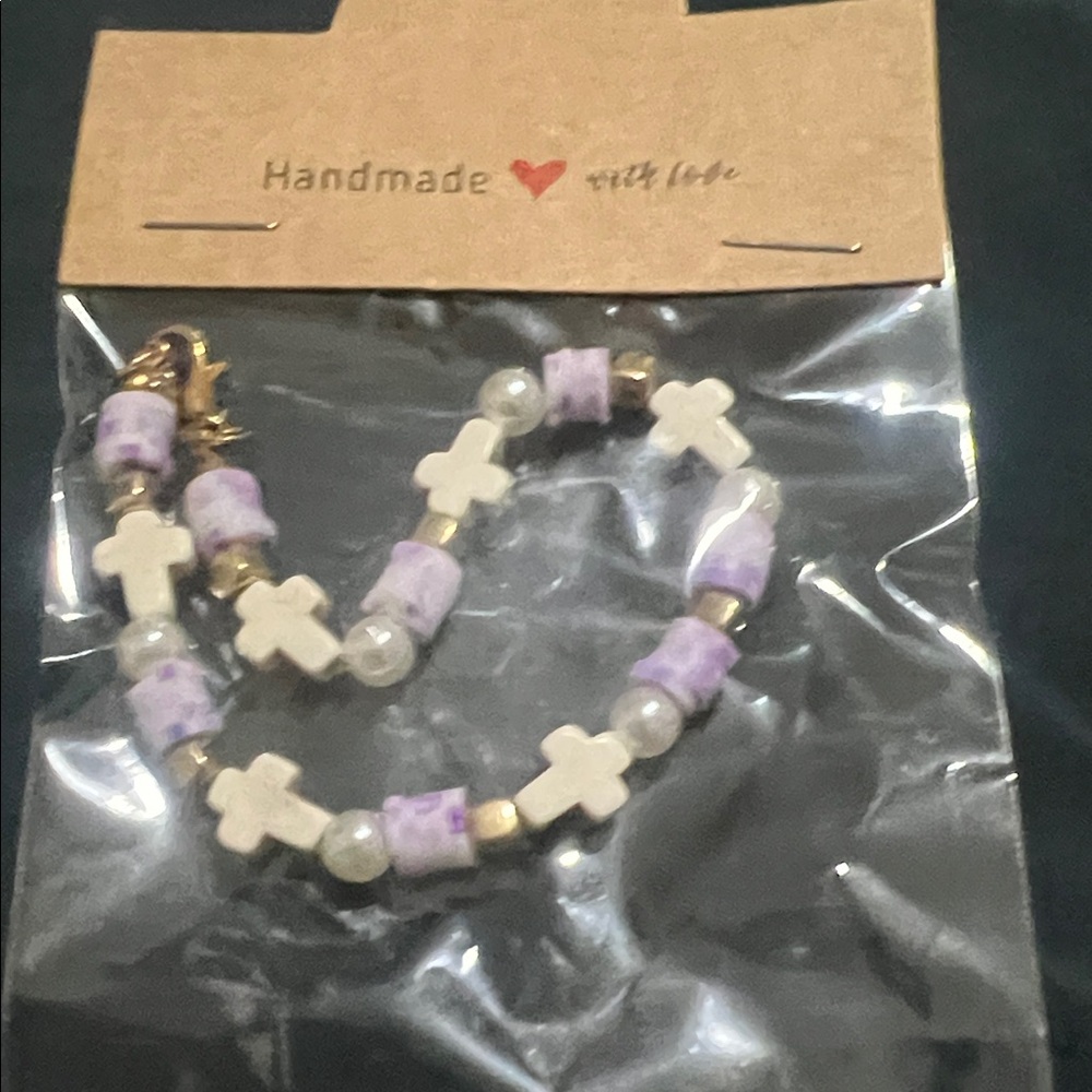 Artisan Lavender and White Cross Bracelet